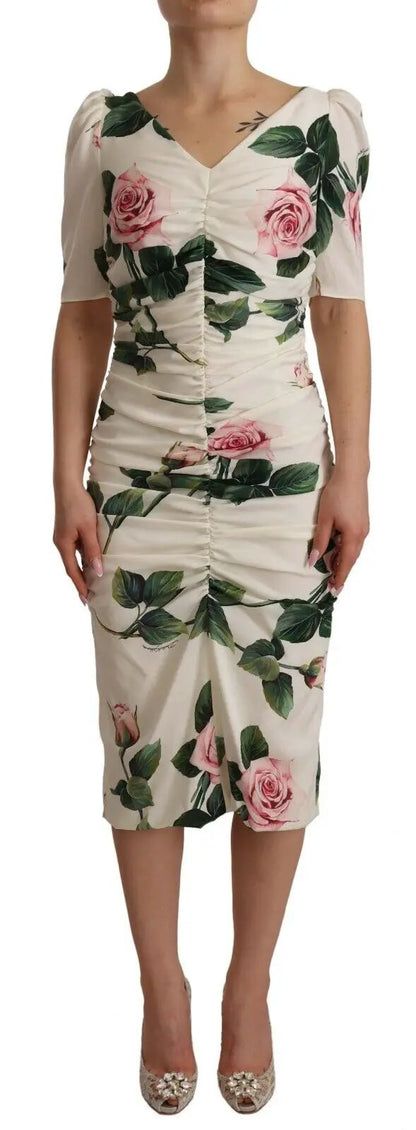 Dolce & Gabbana White Roses Print Stretch Silk Pleated Dress by Dolce & Gabbana