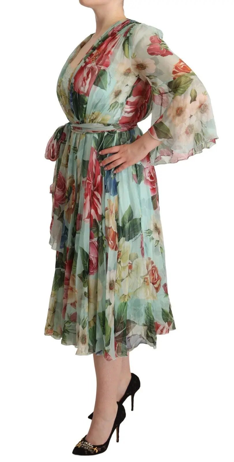 Dolce & Gabbana Green Floral Long Sleeves V-neck Midi Dress by Dolce & Gabbana