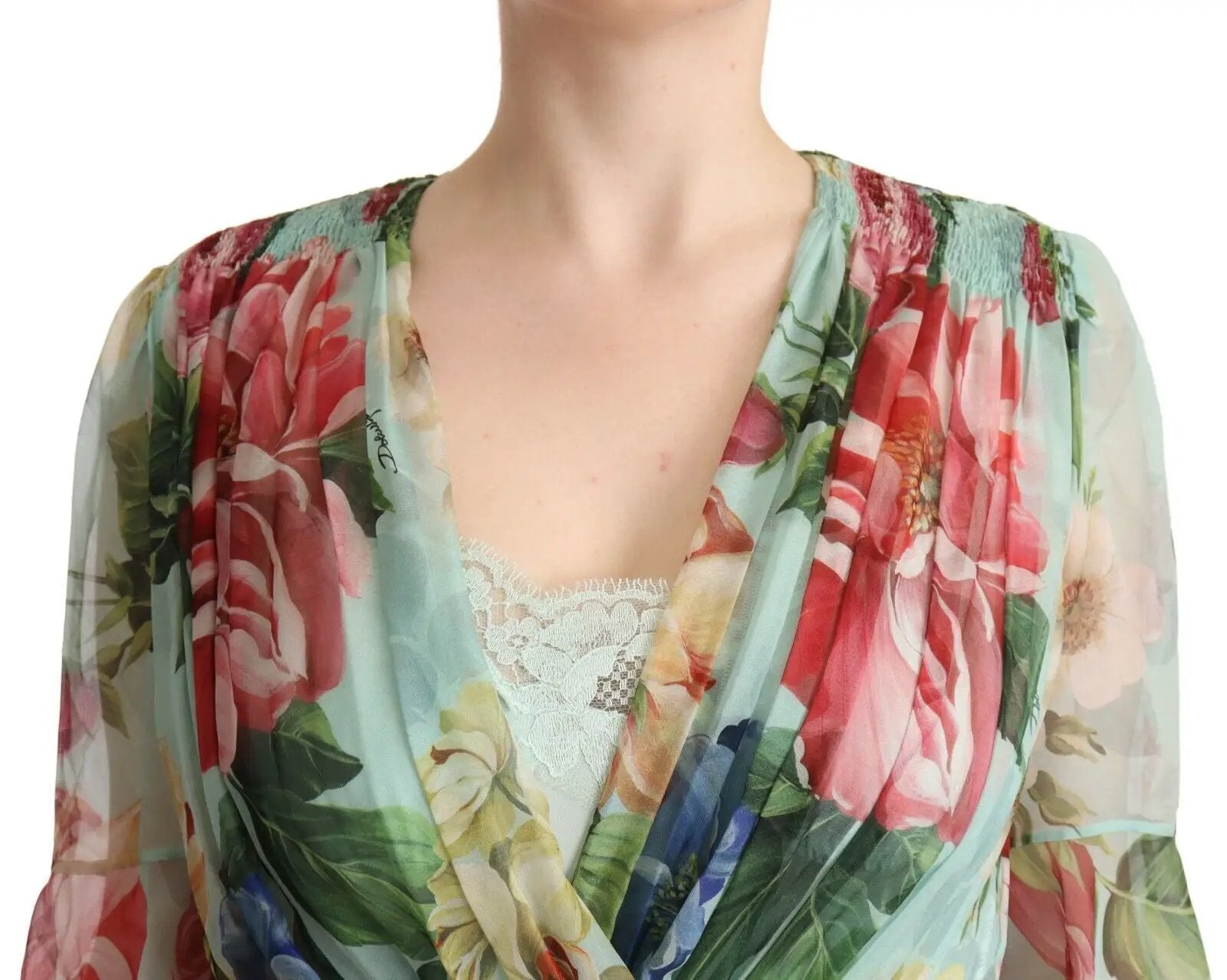 Dolce & Gabbana Green Floral Long Sleeves V-neck Midi Dress by Dolce & Gabbana