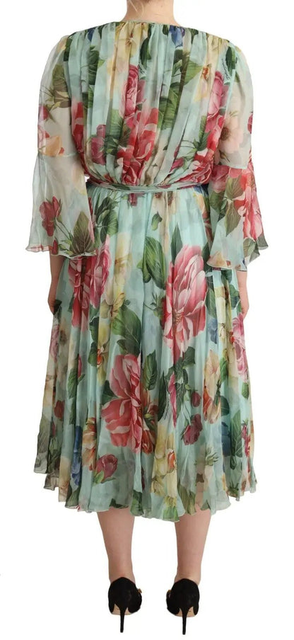 Dolce & Gabbana Green Floral Long Sleeves V-neck Midi Dress by Dolce & Gabbana