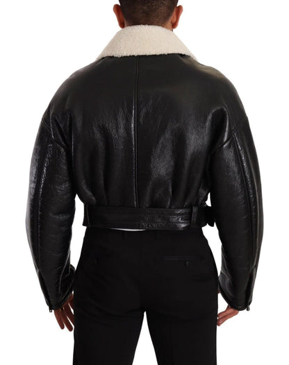 Dolce & Gabbana Black Leather Shearling Biker Coat Jacket by Dolce & Gabbana