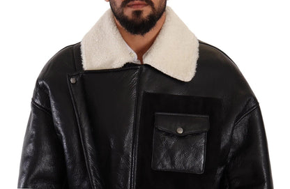 Dolce & Gabbana Black Leather Shearling Biker Coat Jacket by Dolce & Gabbana