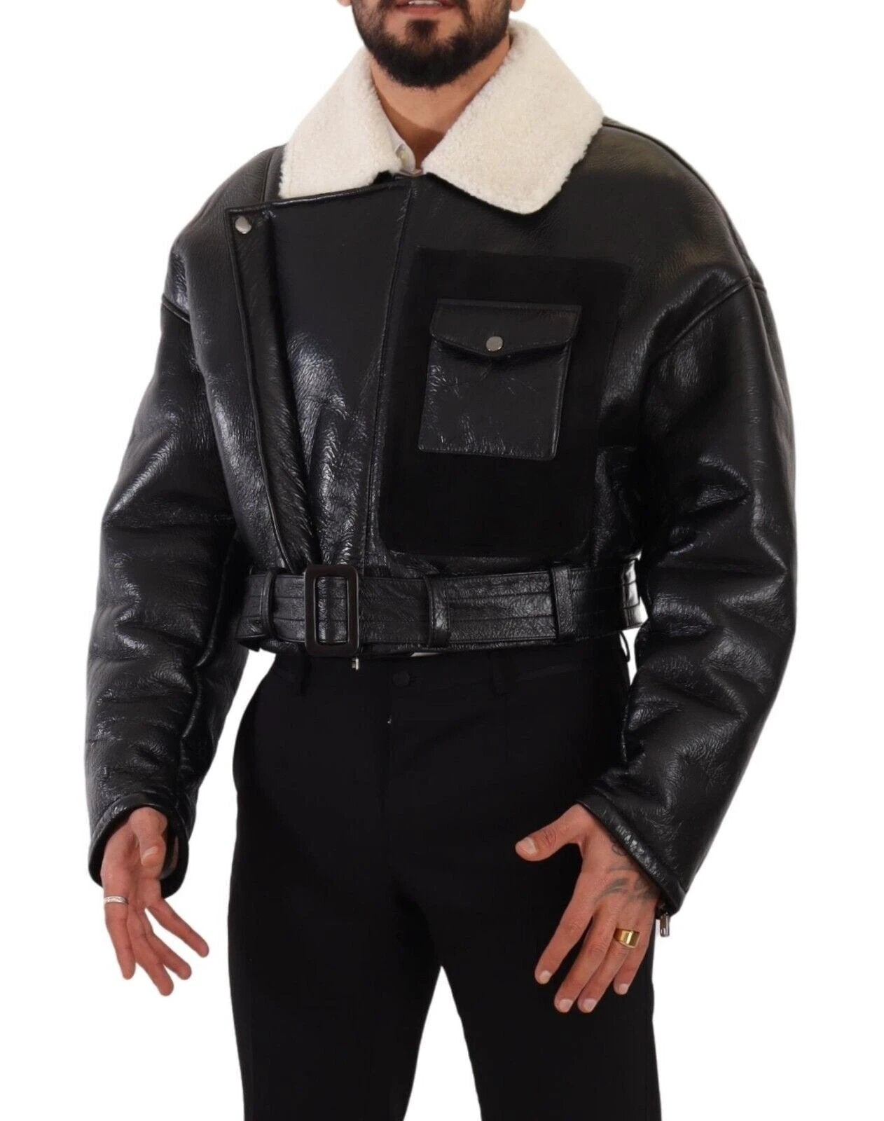 Dolce & Gabbana Black Leather Shearling Biker Coat Jacket by Dolce & Gabbana