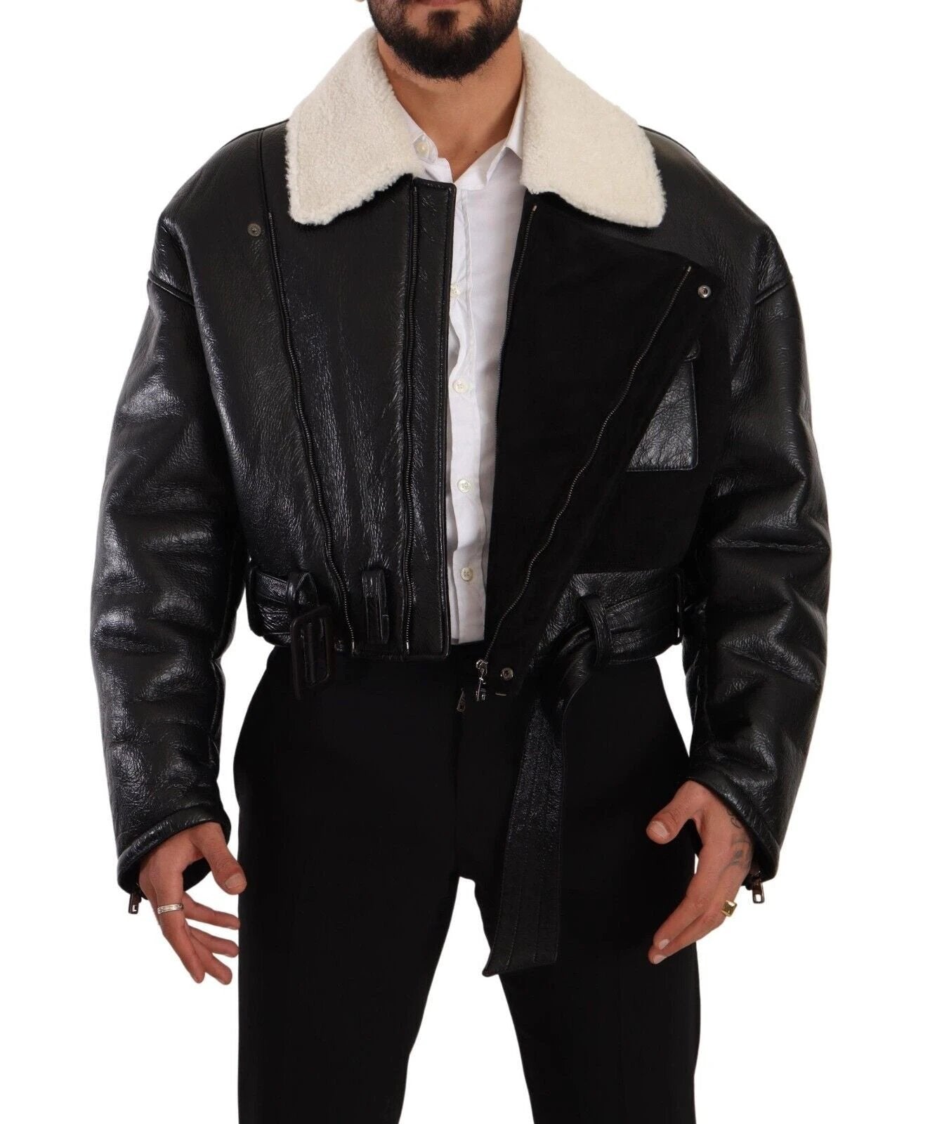 Dolce & Gabbana Black Leather Shearling Biker Coat Jacket by Dolce & Gabbana