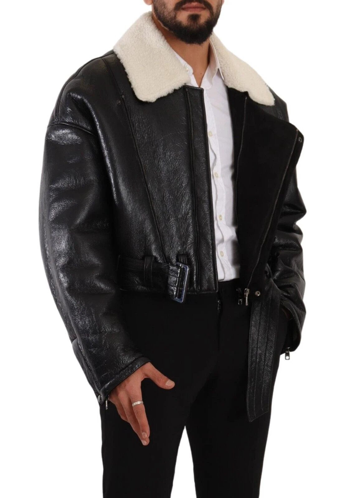 Dolce & Gabbana Black Leather Shearling Biker Coat Jacket by Dolce & Gabbana