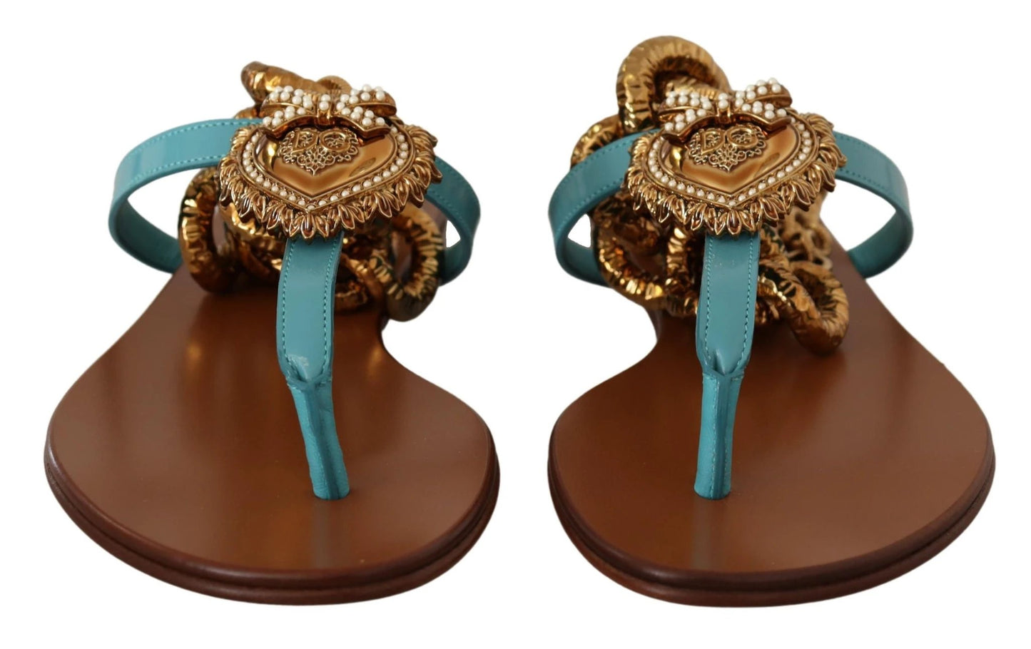Dolce & Gabbana Blue Leather Devotion Flats Sandals by Dolce & Gabbana