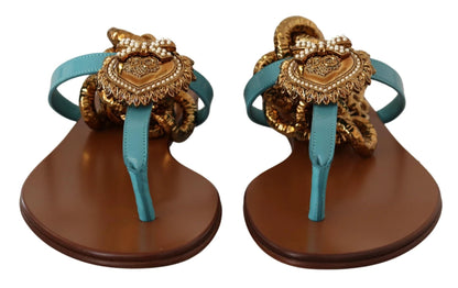 Dolce & Gabbana Blue Leather Devotion Flats Sandals by Dolce & Gabbana