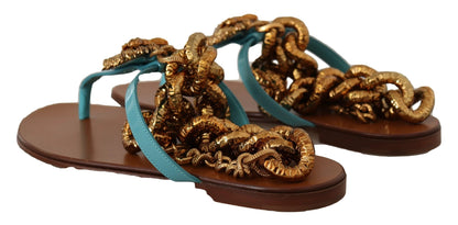 Dolce & Gabbana Blue Leather Devotion Flats Sandals by Dolce & Gabbana