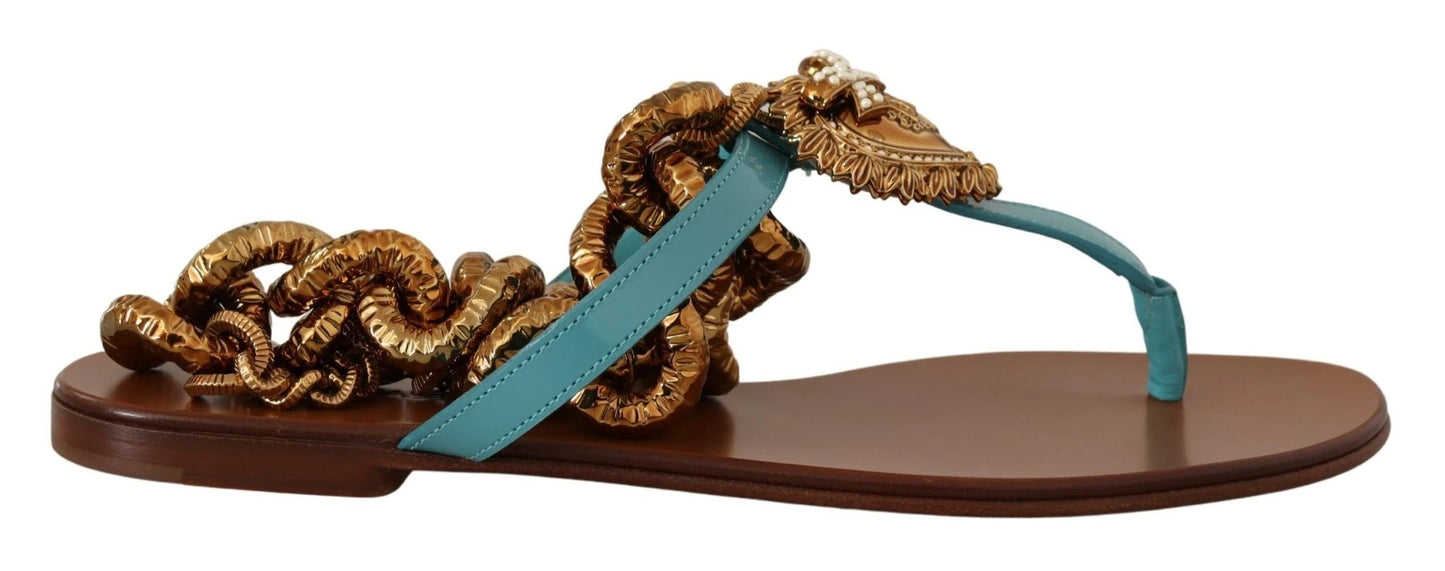 Dolce & Gabbana Blue Leather Devotion Flats Sandals by Dolce & Gabbana