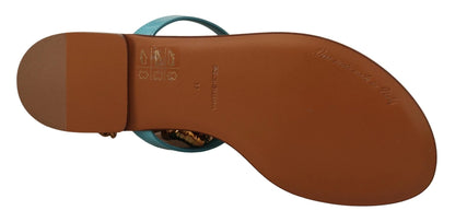 Dolce & Gabbana Blue Leather Devotion Flats Sandals by Dolce & Gabbana