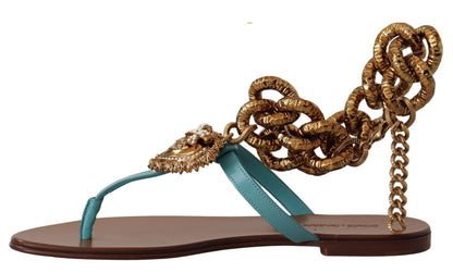 Dolce & Gabbana Blue Leather Devotion Flats Sandals by Dolce & Gabbana