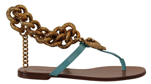 Dolce & Gabbana Blue Leather Devotion Flats Sandals by Dolce & Gabbana