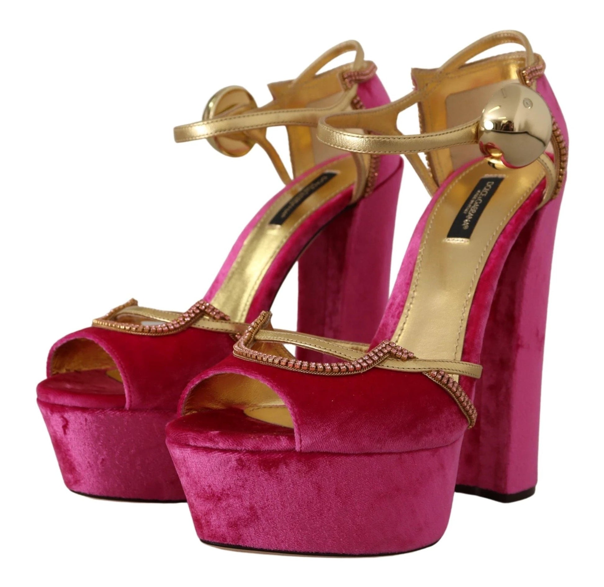 Dolce & Gabbana Pink Velvet Crystal Ankle Strap Sandals Shoes by Dolce & Gabbana