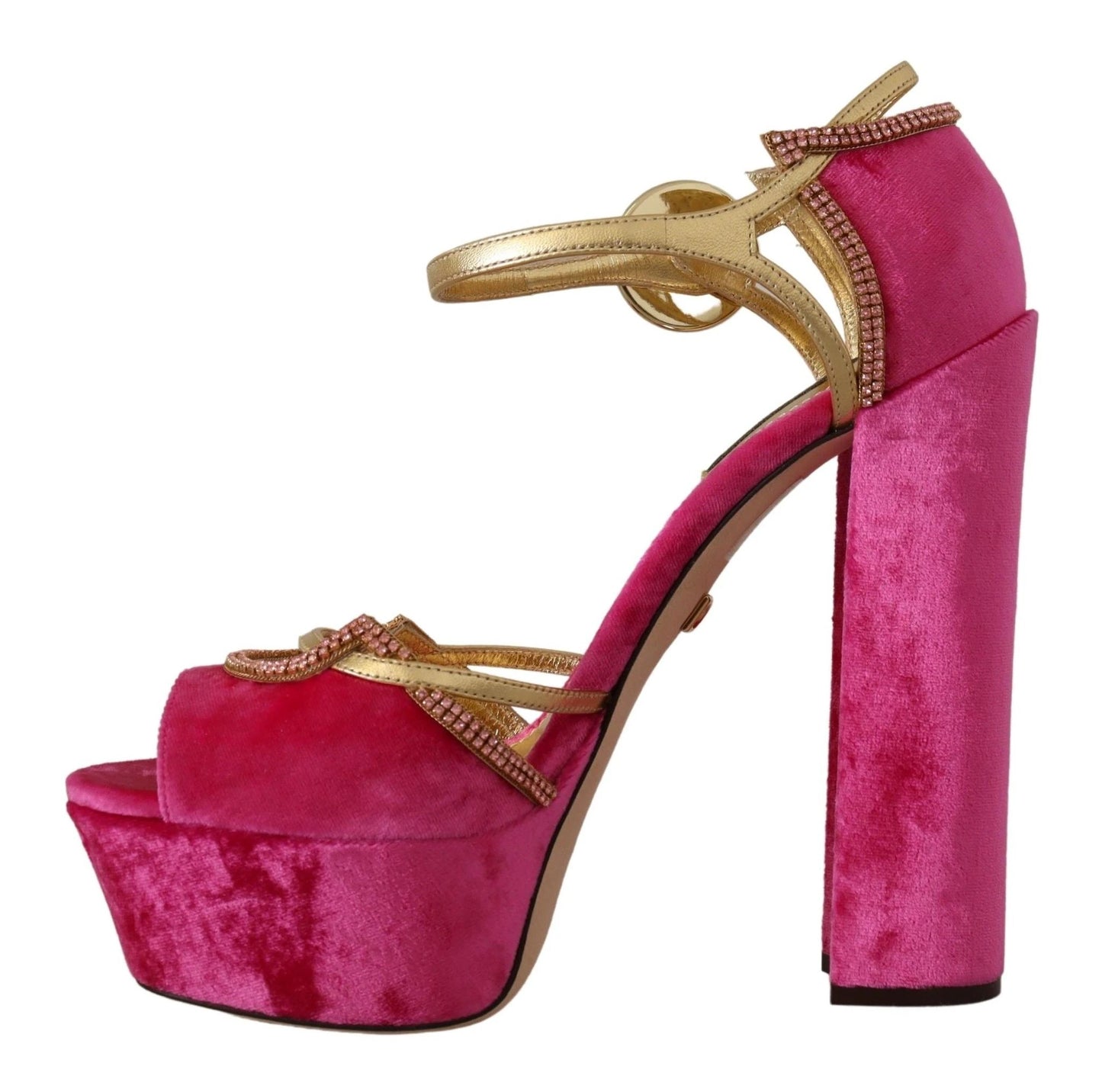 Dolce & Gabbana Pink Velvet Crystal Ankle Strap Sandals Shoes by Dolce & Gabbana