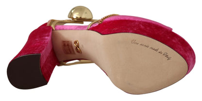 Dolce & Gabbana Pink Velvet Crystal Ankle Strap Sandals Shoes by Dolce & Gabbana
