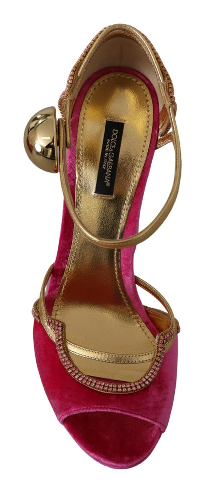 Dolce & Gabbana Pink Velvet Crystal Ankle Strap Sandals Shoes by Dolce & Gabbana