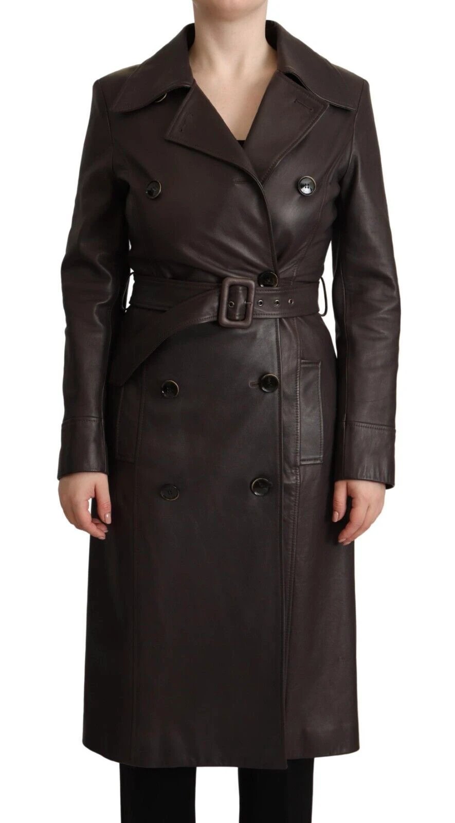 Dolce & Gabbana Dark Brown Leather Long Sleeves Belted Jacket by Dolce & Gabbana