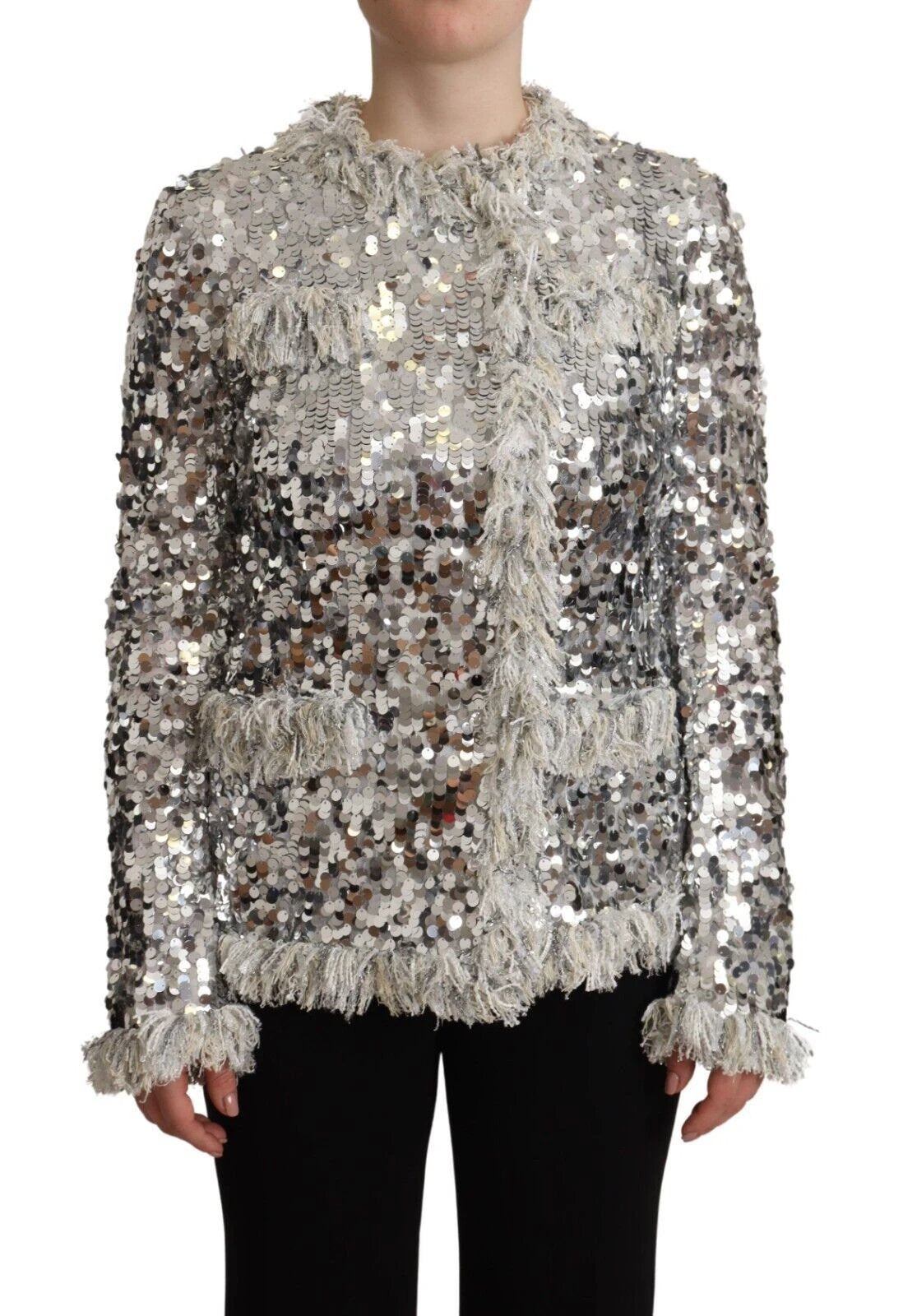 Dolce & Gabbana Silver Sequined Shearling Long Sleeves Jacket by Dolce & Gabbana