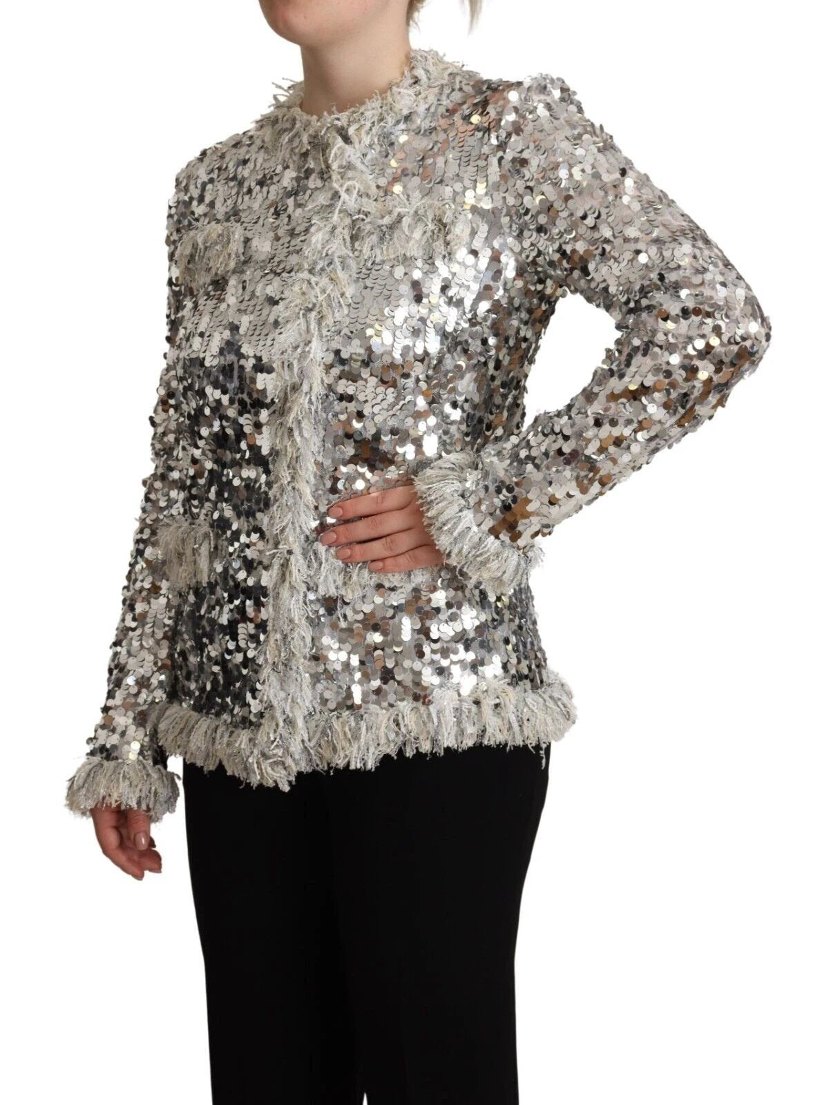Dolce & Gabbana Silver Sequined Shearling Long Sleeves Jacket by Dolce & Gabbana