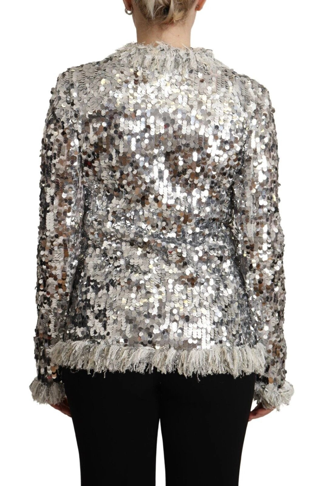 Dolce & Gabbana Silver Sequined Shearling Long Sleeves Jacket by Dolce & Gabbana