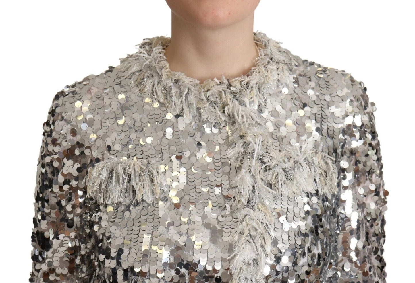 Dolce & Gabbana Silver Sequined Shearling Long Sleeves Jacket by Dolce & Gabbana