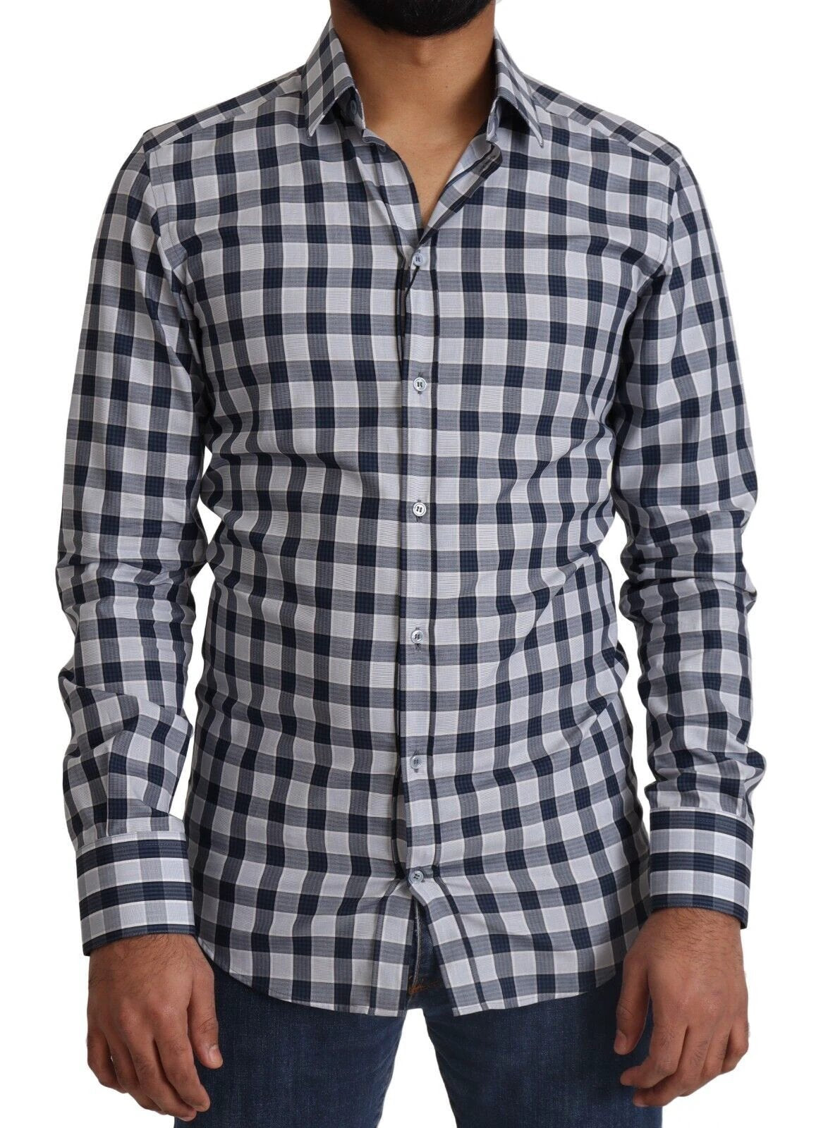 Dolce & Gabbana Blue White Check Cotton Slim Fit GOLD Shirt by Dolce & Gabbana
