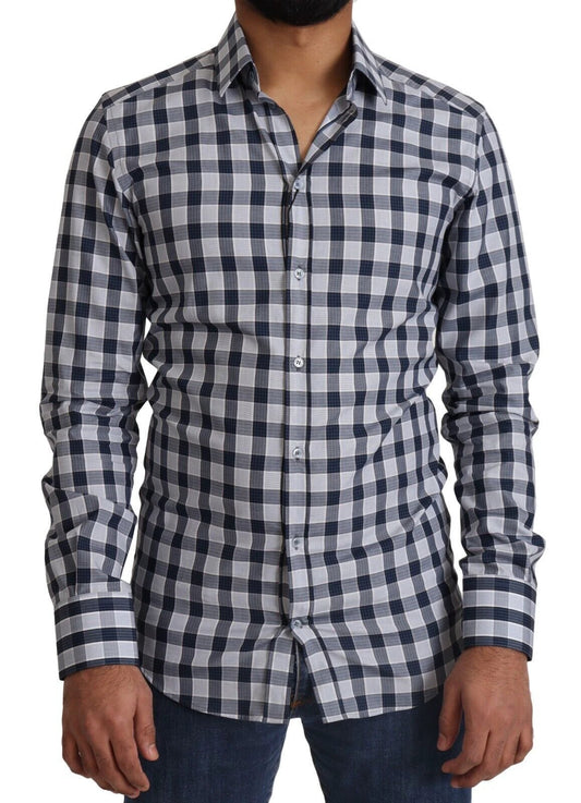 Dolce & Gabbana Blue White Check Cotton Slim Fit GOLD Shirt