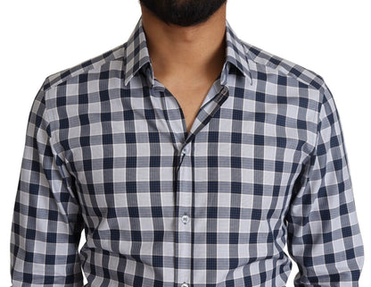 Dolce & Gabbana Blue White Check Cotton Slim Fit GOLD Shirt by Dolce & Gabbana