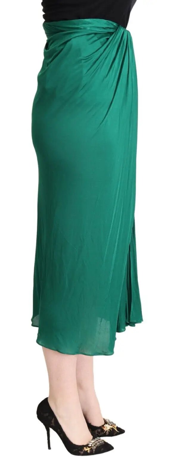 Dolce & Gabbana Dark Green High Waist Midi Pencil Cut Pleated Skirt by Dolce & Gabbana