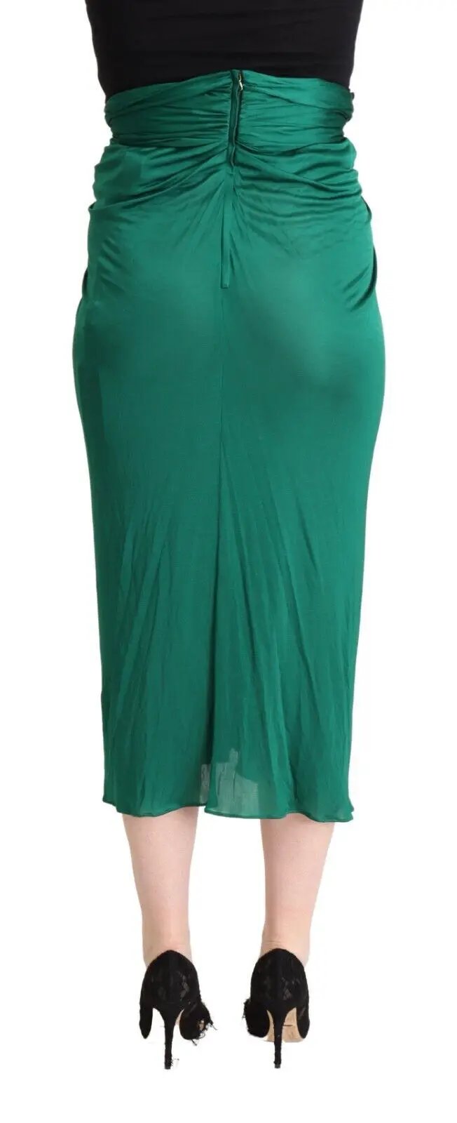 Dolce & Gabbana Dark Green High Waist Midi Pencil Cut Pleated Skirt by Dolce & Gabbana