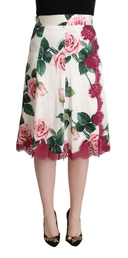 Dolce & Gabbana White Rose Print High Waist Midi A-line Skirt by Dolce & Gabbana