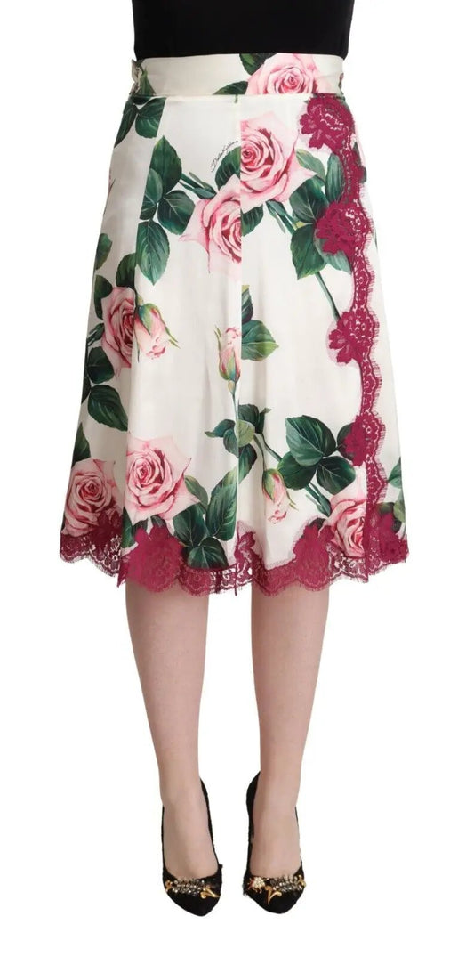 Dolce & Gabbana White Rose Print High Waist Midi A-line Skirt by Dolce & Gabbana
