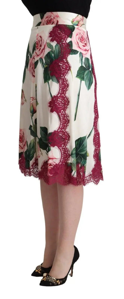 Dolce & Gabbana White Rose Print High Waist Midi A-line Skirt by Dolce & Gabbana