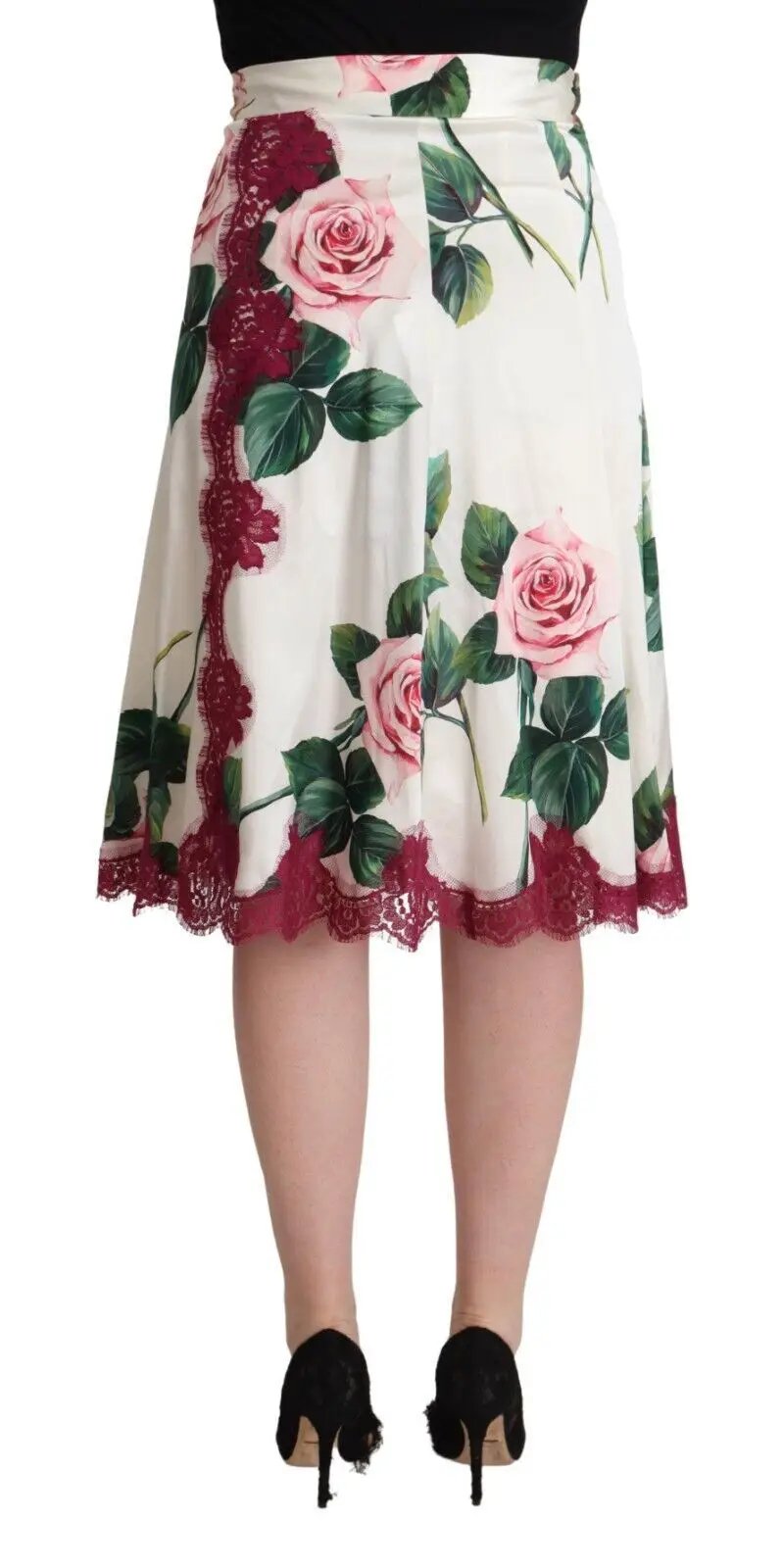 Dolce & Gabbana White Rose Print High Waist Midi A-line Skirt by Dolce & Gabbana