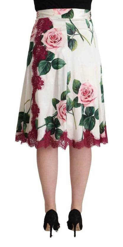 Dolce & Gabbana White Rose Print High Waist Midi A-line Skirt by Dolce & Gabbana