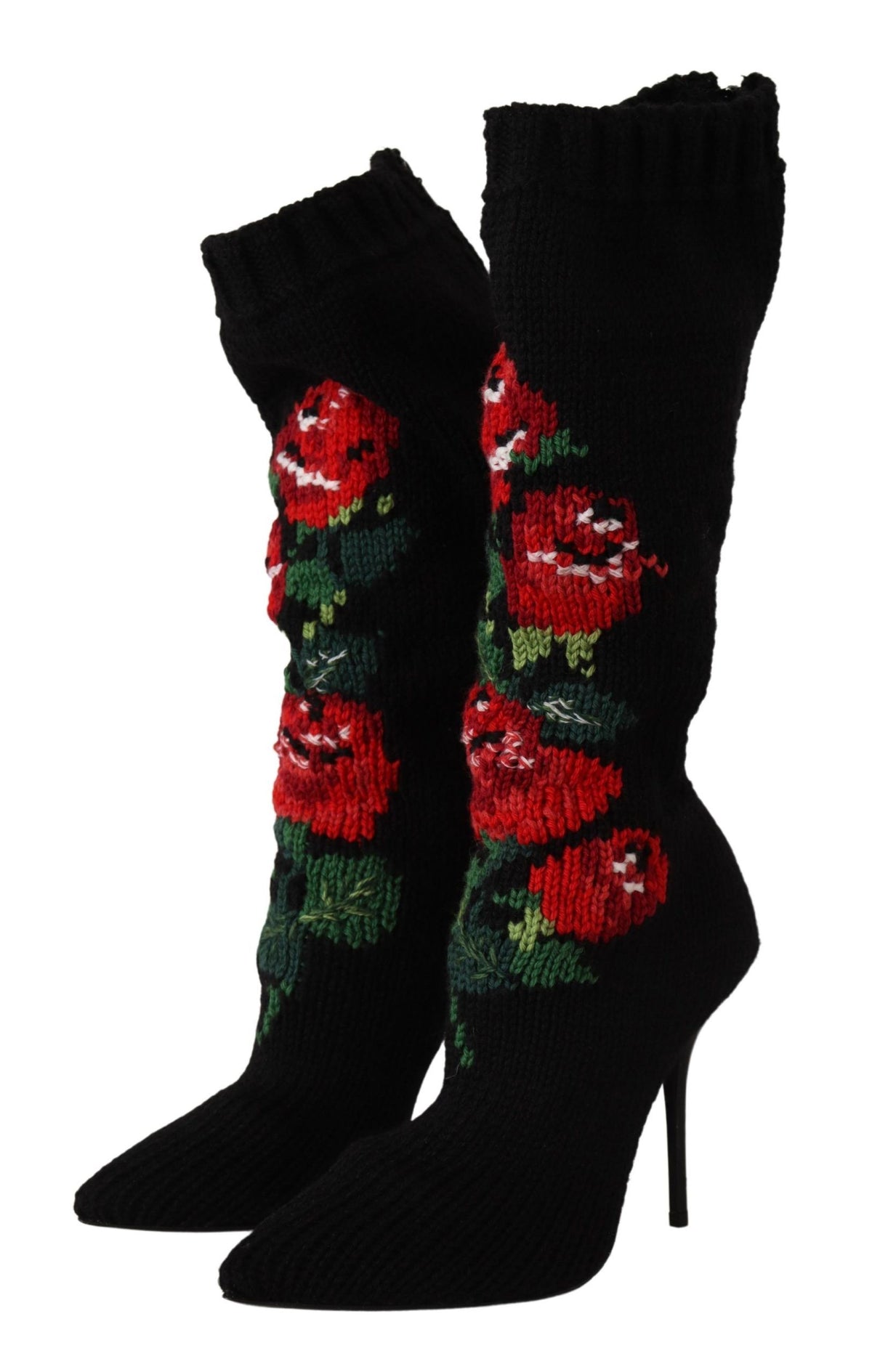 Bottines chaussettes Dolce & Gabbana femme en laine noire à roses rouges – LA9814