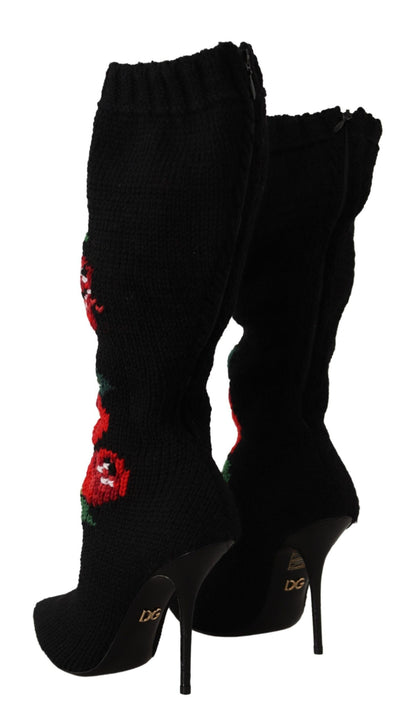 Bottines chaussettes Dolce & Gabbana femme en laine noire à roses rouges – LA9814