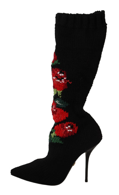 Bottines chaussettes Dolce & Gabbana femme en laine noire à roses rouges – LA9814