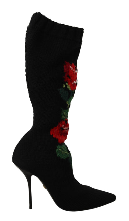 Bottines chaussettes Dolce & Gabbana femme en laine noire à roses rouges – LA9814
