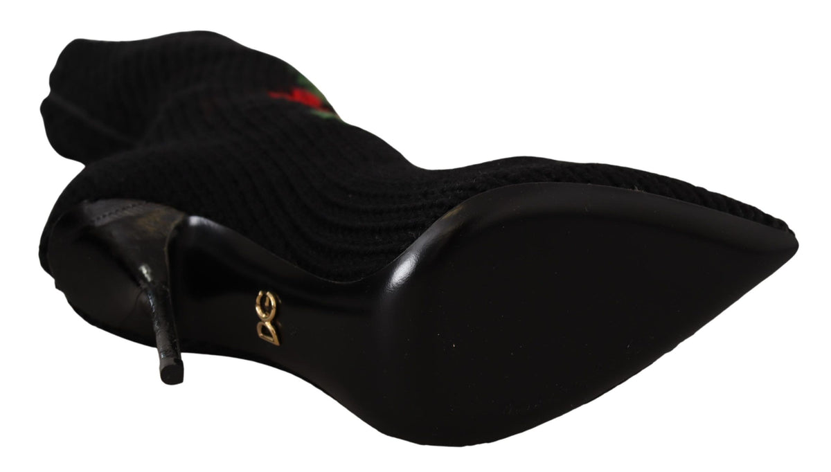 Bottines chaussettes Dolce & Gabbana femme en laine noire à roses rouges – LA9814