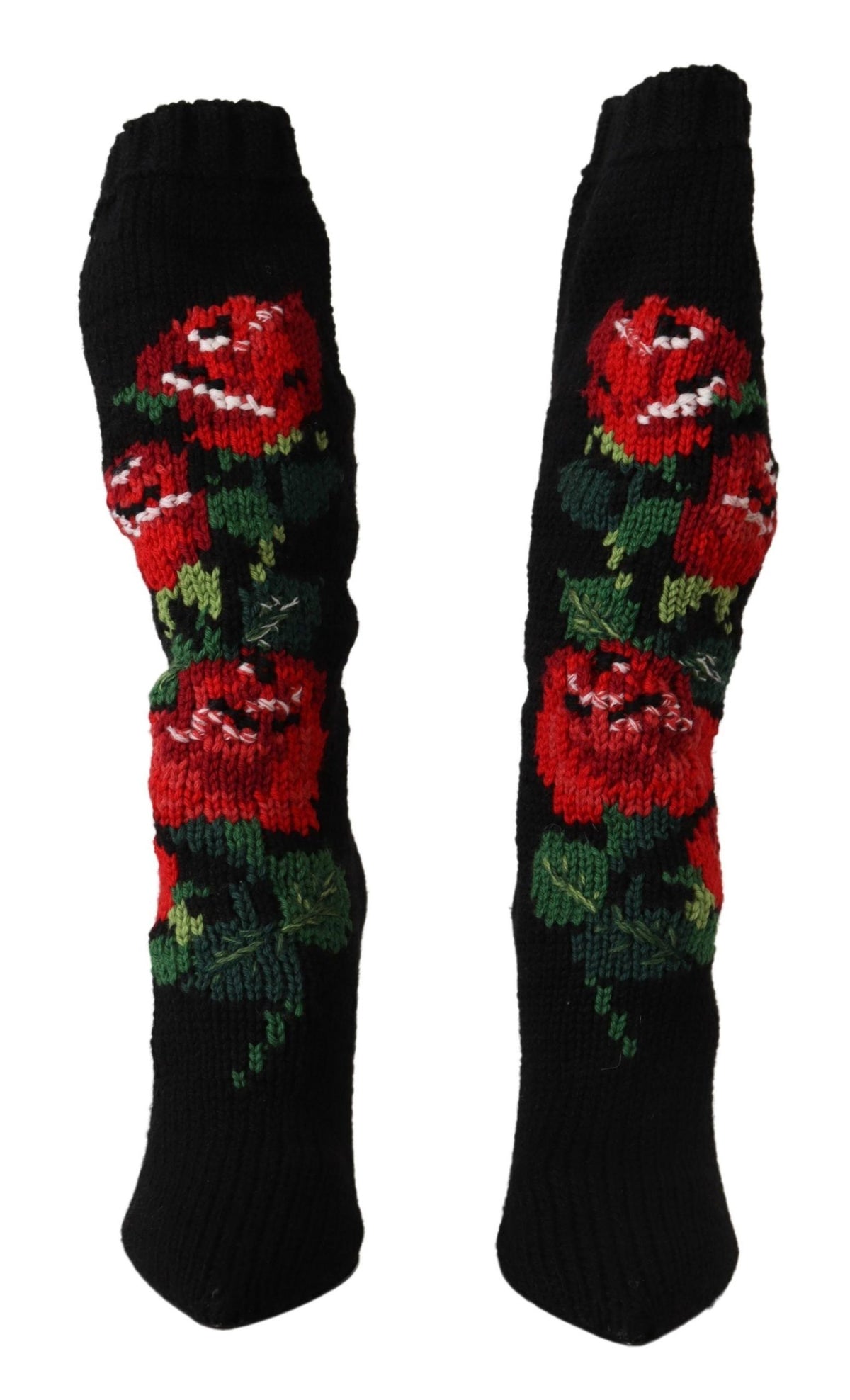 Bottines chaussettes Dolce & Gabbana femme en laine noire à roses rouges – LA9814