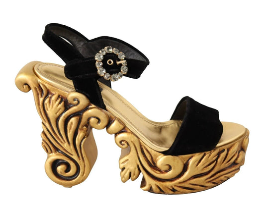 Dolce & Gabbana Black Gold Baroque Velvet Heels Crystal Shoes by Dolce & Gabbana