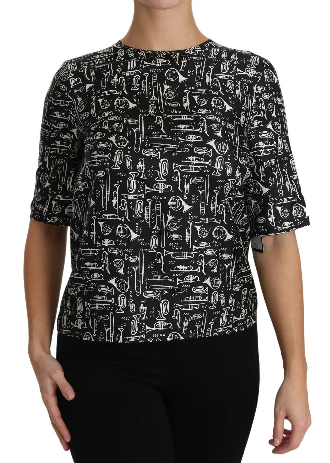 Dolce & Gabbana Black Musical Instruments Print Silk Blouse by Dolce & Gabbana