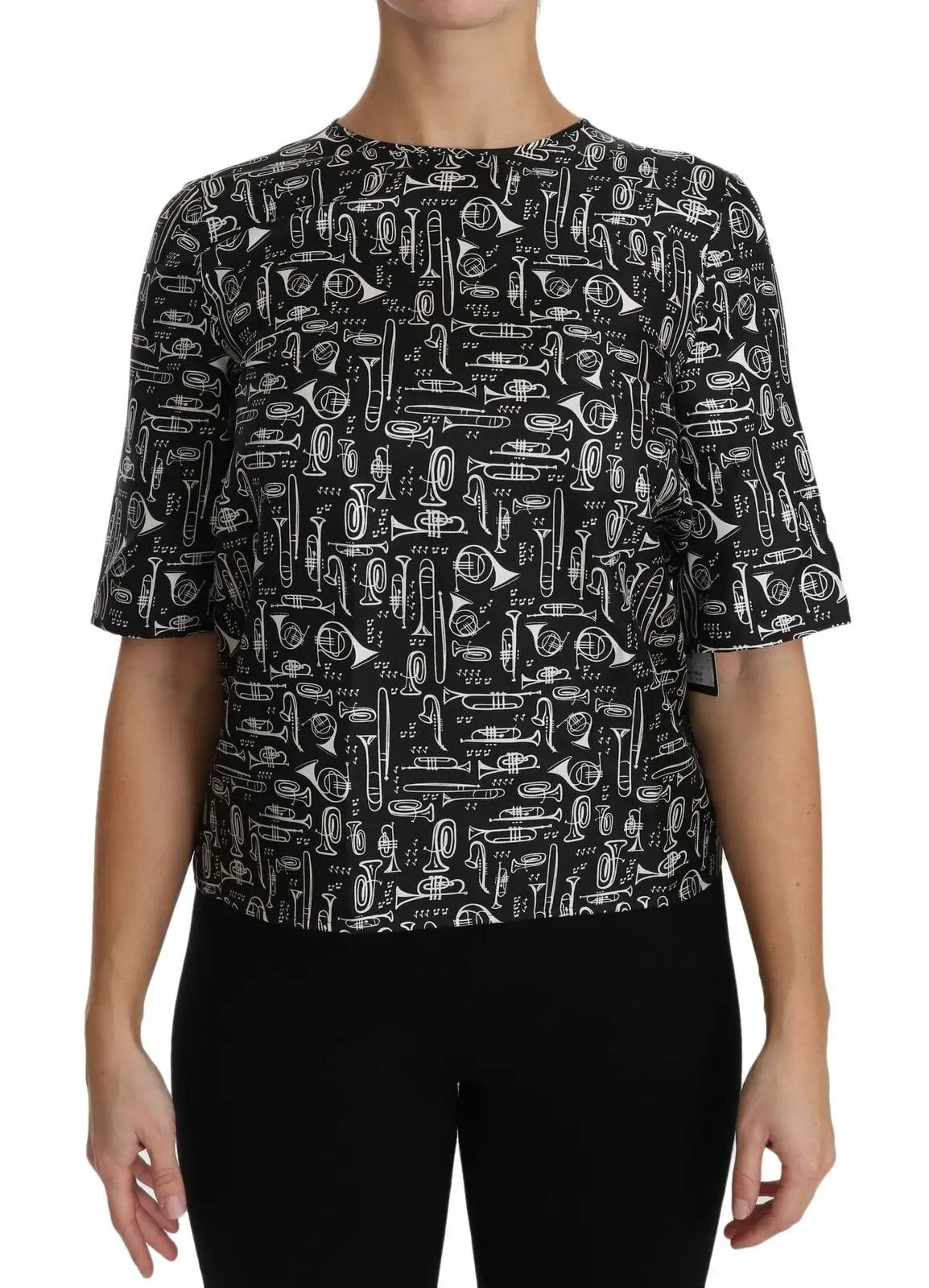 Dolce & Gabbana Black Musical Instruments Print Silk Blouse by Dolce & Gabbana