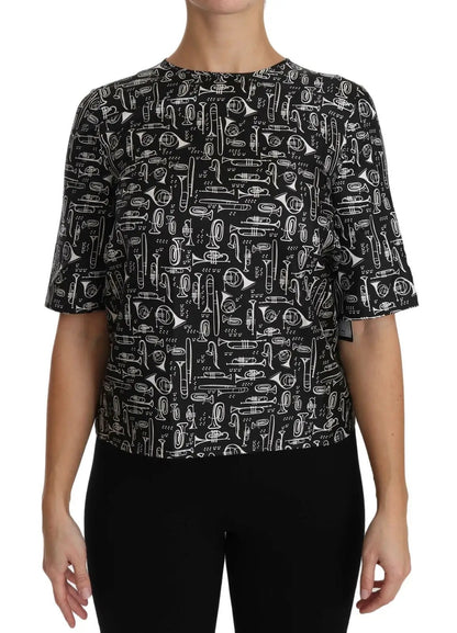 Dolce & Gabbana Black Musical Instruments Print Silk Blouse by Dolce & Gabbana