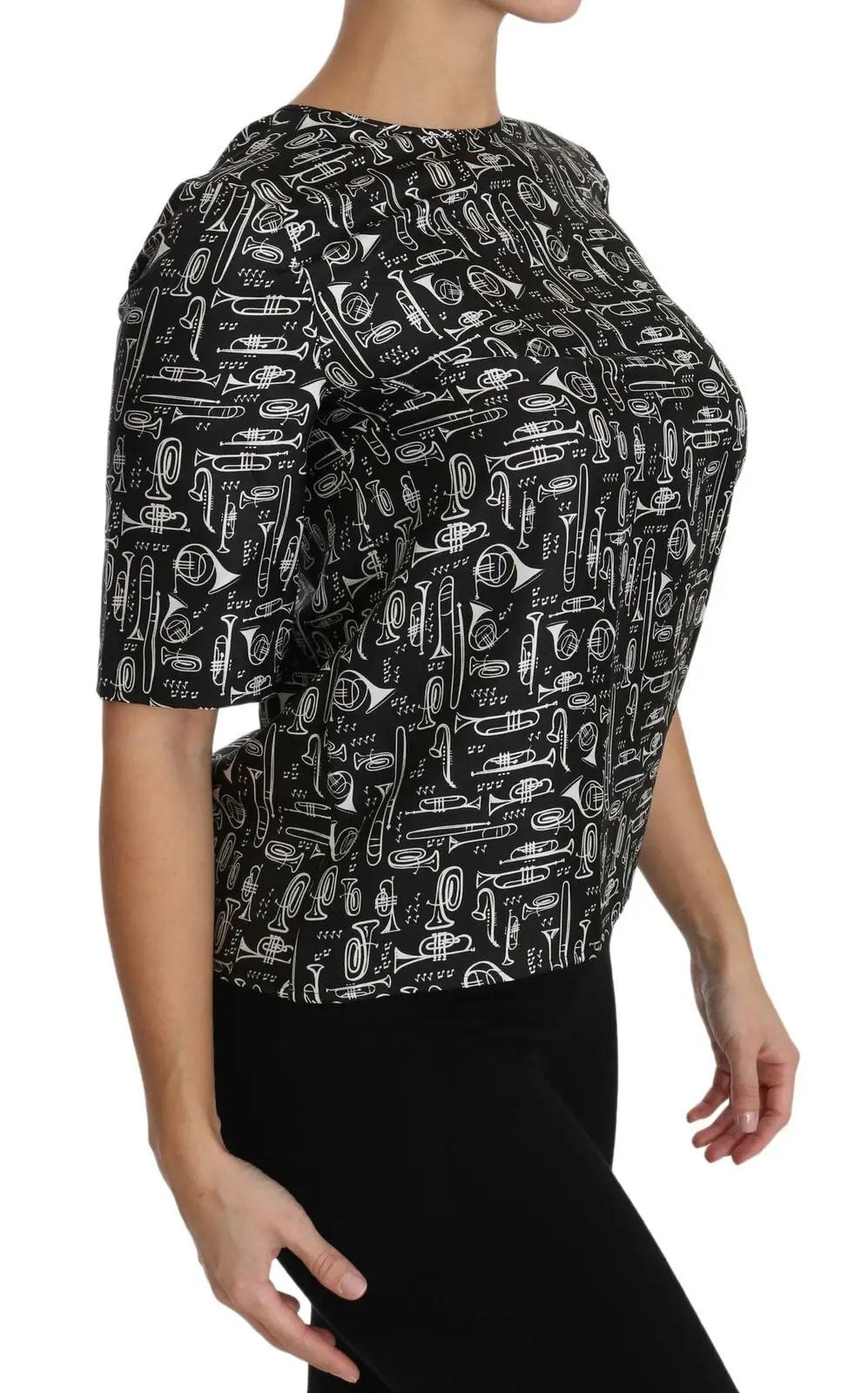 Dolce & Gabbana Black Musical Instruments Print Silk Blouse by Dolce & Gabbana
