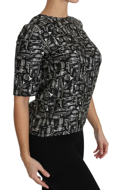 Dolce & Gabbana Black Musical Instruments Print Silk Blouse by Dolce & Gabbana