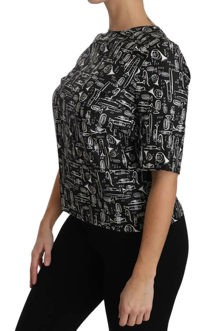 Dolce & Gabbana Black Musical Instruments Print Silk Blouse by Dolce & Gabbana