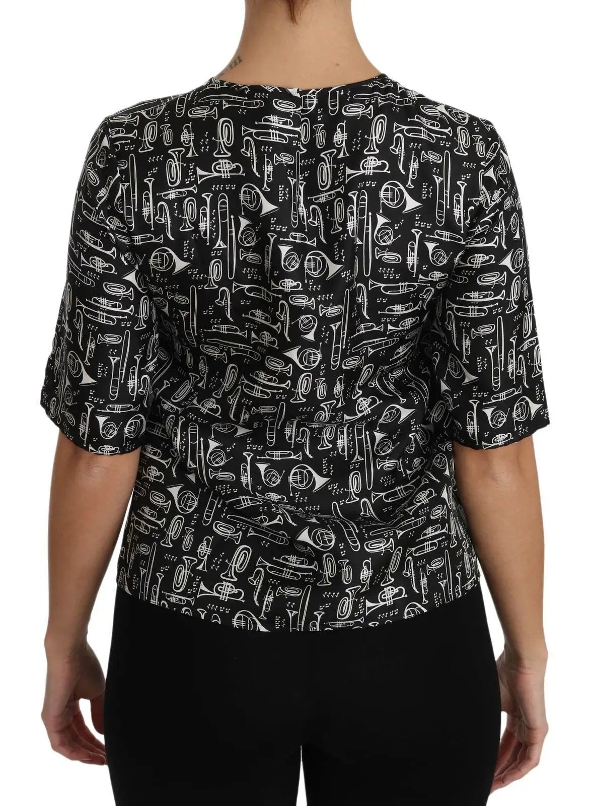 Dolce & Gabbana Black Musical Instruments Print Silk Blouse by Dolce & Gabbana