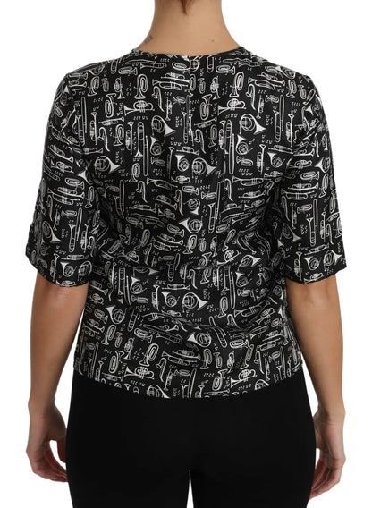 Dolce & Gabbana Black Musical Instruments Print Silk Blouse by Dolce & Gabbana